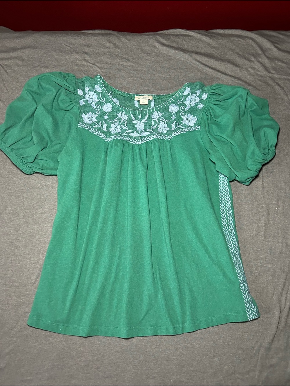 Sundance Green Embroidered Puff-Sleeve Blouse